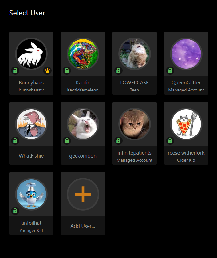 User selection screen